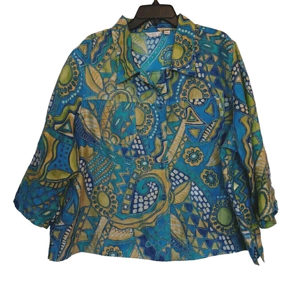 Erin by Erin London Size 2X Multicolor Partially Sheer Button up Top